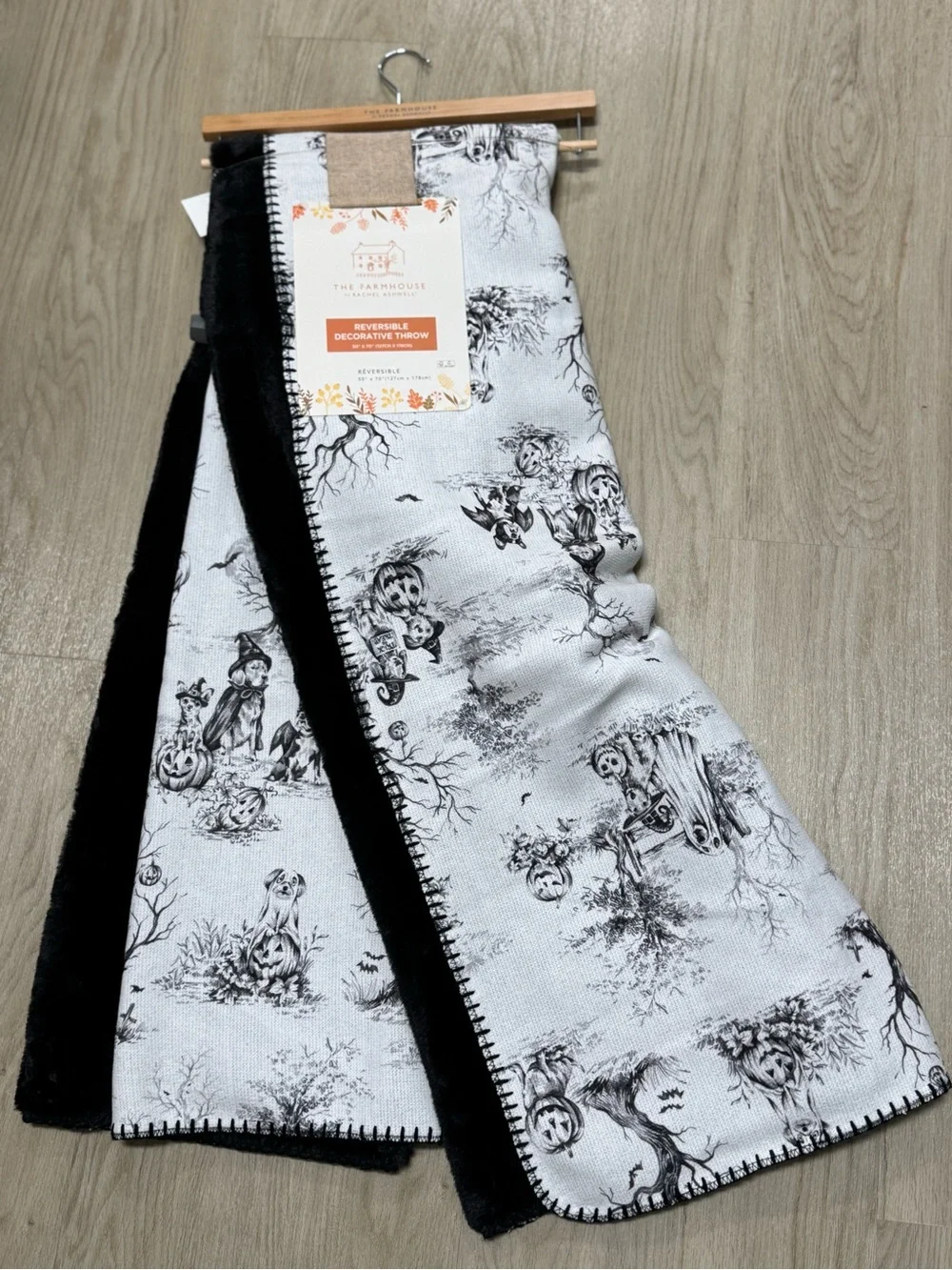 The Farmhouse Reversible Decorative Throw - Black & White Halloween Toile